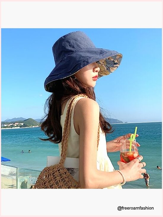Women\'s Wide Brim Sun Hat with Wired Edge, Reversible Bucket Hat